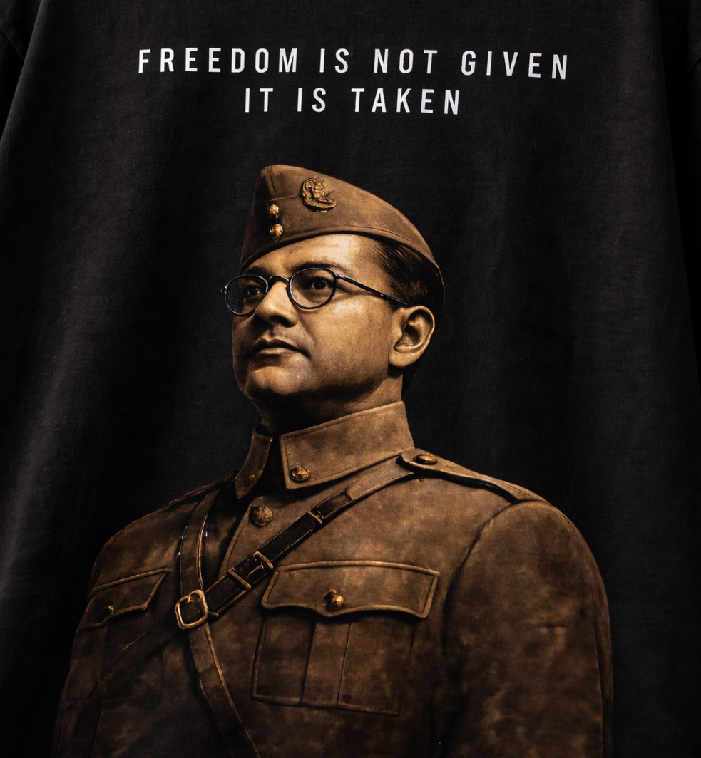 Subhas Chandra Bose - Oversized Printed T-Shirt - Freedom Is Not Given - Black