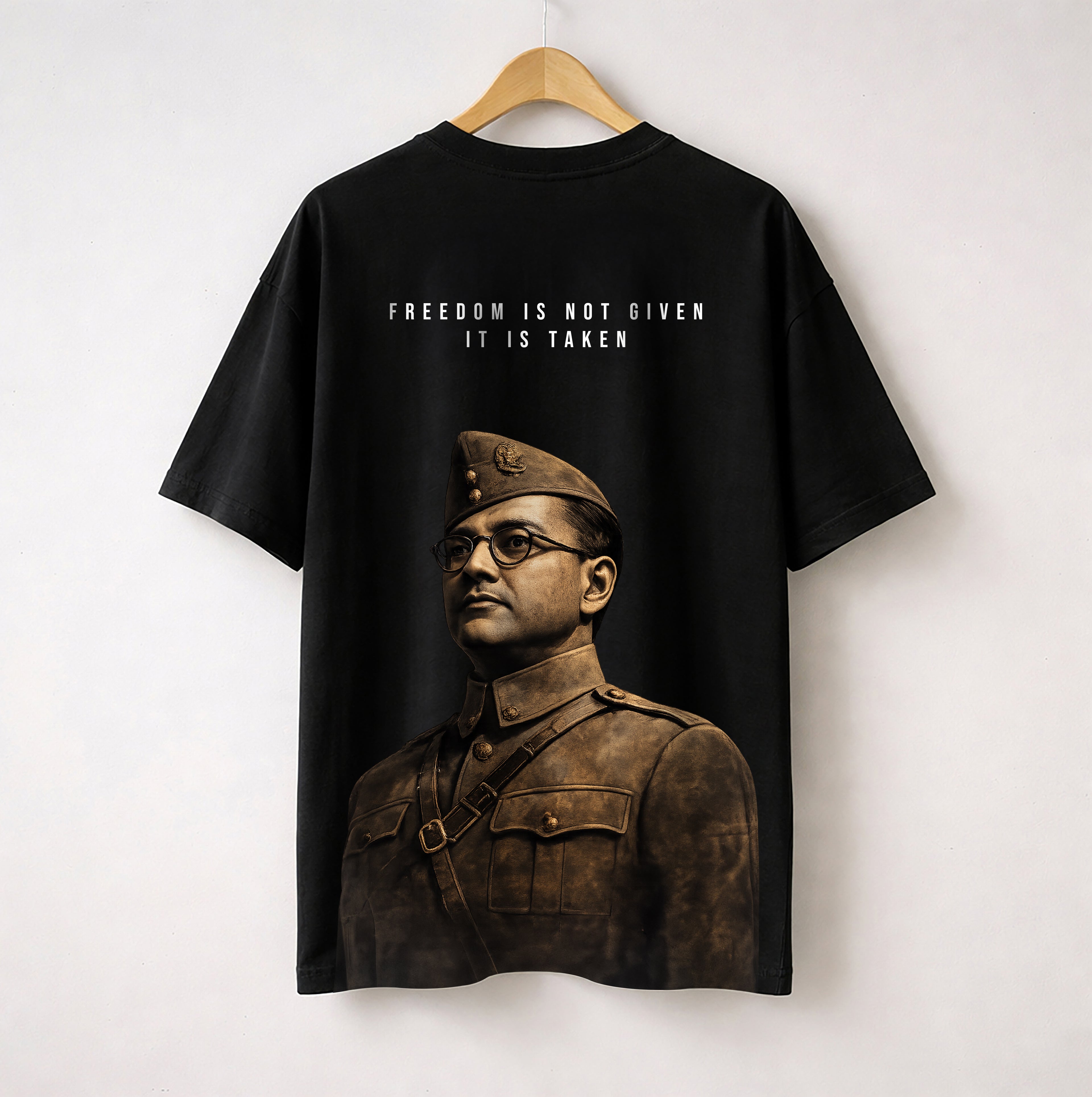 Subhas Chandra Bose - Oversized Printed T-Shirt - Freedom Is Not Given - Black